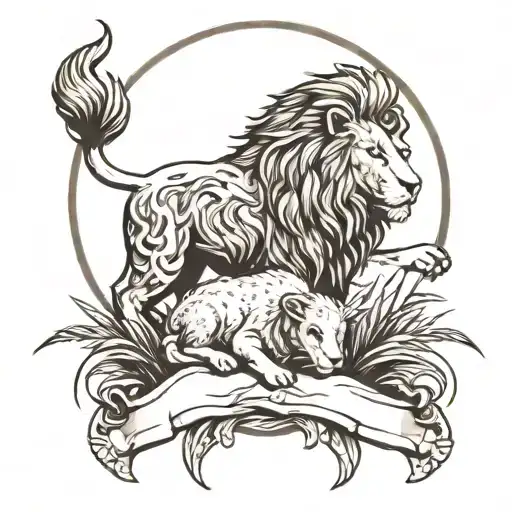 A majestic and fierce lion laying in the grass with a lamb.  They are both laying above a mountain with 3 wooden crosses tattoo design idea