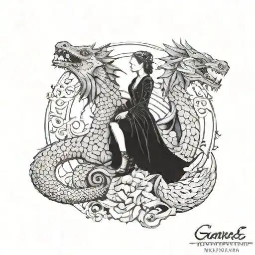 game of thrones queen riding her dragon. Regina Ann 12-15-23 in cool writing underneath the tattoo.  tattoo design idea