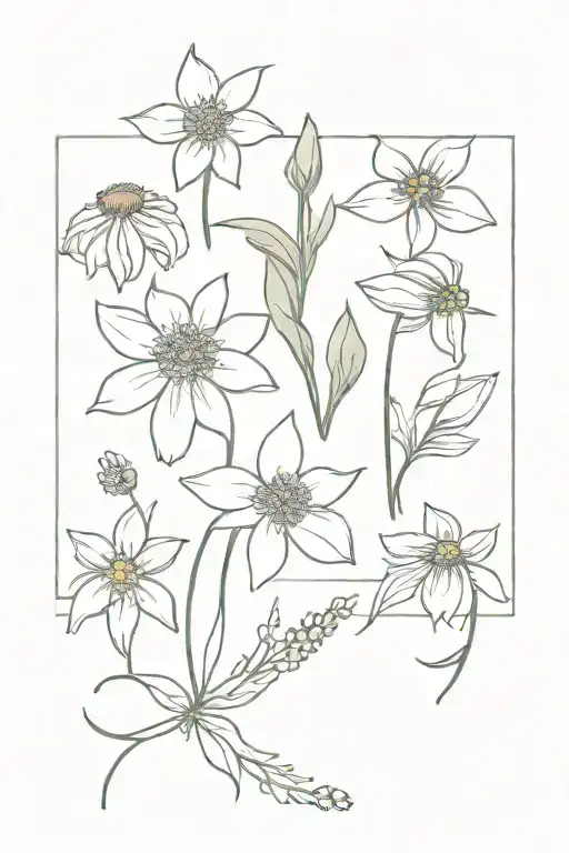 snowdrop flower, violet flower, chrysanthemum flower, primrose flower, daffodil flower, and an aster flower tattoo design idea