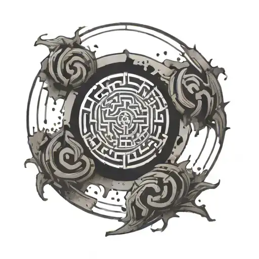 A labyrinth with a broken chain at the center representing breaking free from anxiety tattoo design idea