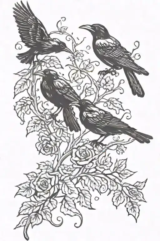 silhouette crows, butterfly, vines tattoo design idea