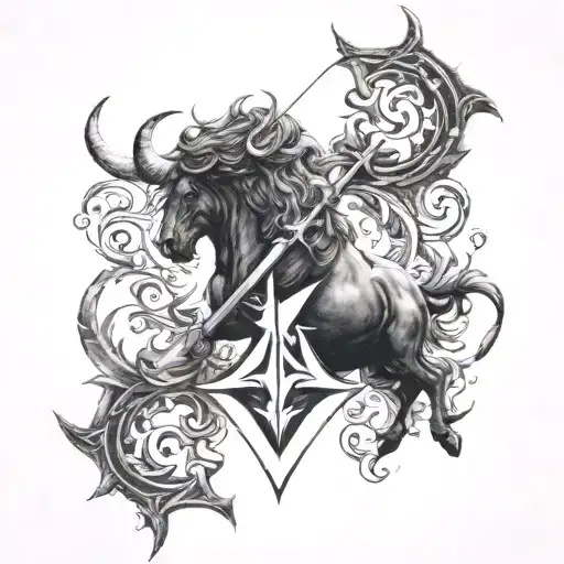 Half Aquarius symbol Half Taurus symbol, split down the middle by an arrow. tattoo design idea