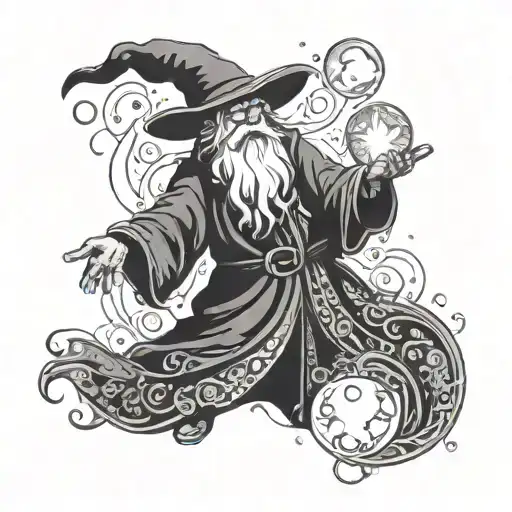 A silhouette of a wizard casting a spell with swirling magical energy around them tattoo design idea