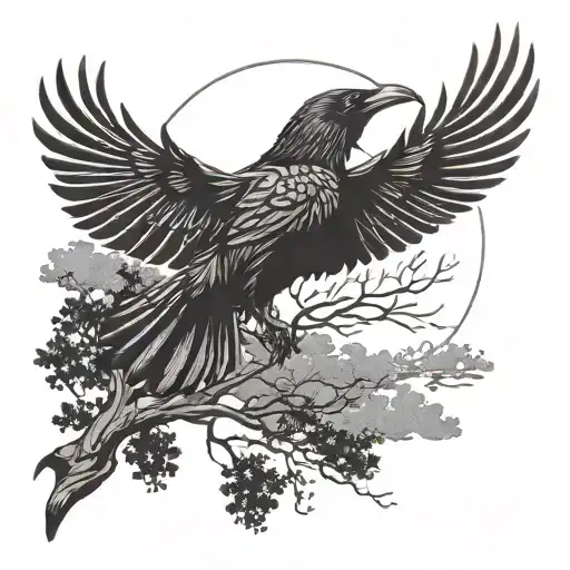 raven flying with trees in background contemporary  tattoo design idea