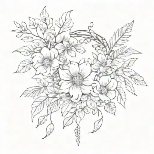 A delicate sketch style tattoo of a floral wreath with January, July, and September birth flowers tattoo design idea