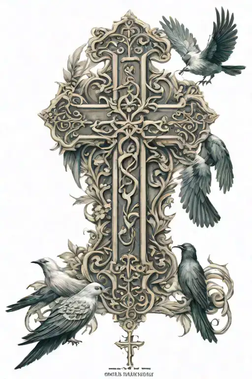 a cross that is made up in hebrew saying "only god can judge me" with birds and bible verse surrounding it tattoo design idea
