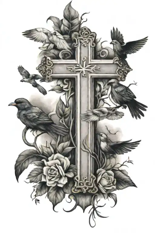 cross with bible verse and five birds tattoo design idea