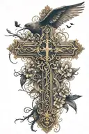 a cross that is made up in hebrew saying "only god can judge me" with birds and bible verse surrounding it tattoo design idea