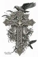 a cross that is made up in hebrew saying "only god can judge me" with birds and bible verse surrounding it tattoo design idea
