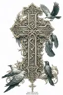 a cross that is made up in hebrew saying "only god can judge me" with birds and bible verse surrounding it tattoo design idea