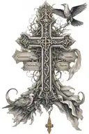 a cross that is made up in hebrew saying "only god can judge me" with birds and bible verse surrounding it tattoo design idea
