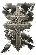 cross written with the hebrew words "only god can judge me" with birds and bible verse surrounding it tattoo design idea