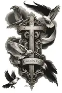 cross written with the hebrew words "only god can judge me" with birds and bible verse surrounding it tattoo design idea