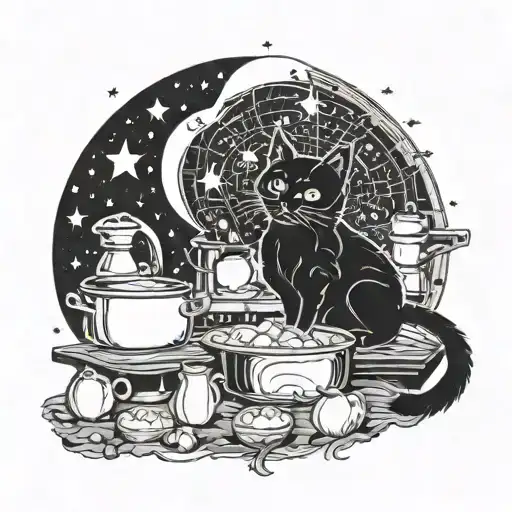 A cat cooking in a celestial kitchen surrounded by stars and a crescent moon tattoo design idea
