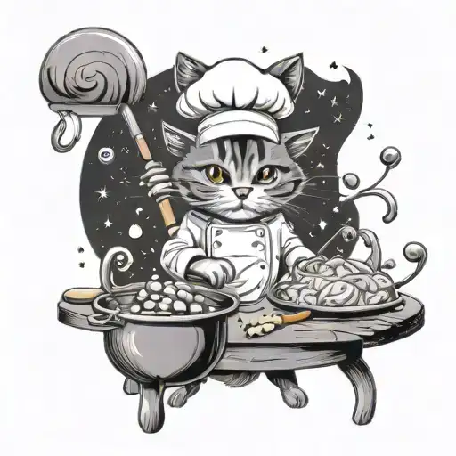 A cat chef casting spells with a magic wand in a kitchen filled with astrological symbols tattoo design idea