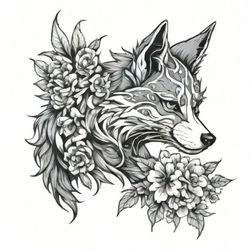 feral furry and flowers bw tattoo design idea