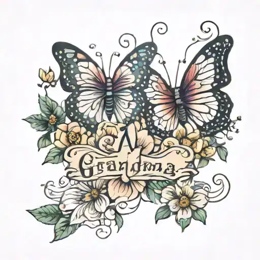 Grandma's name and flowers and butterflies tattoo design idea