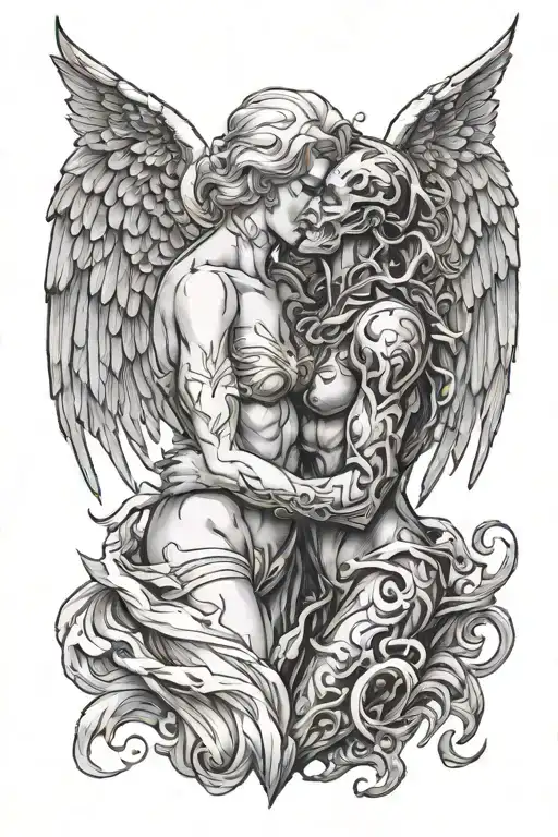 angel and demon kissing line tattoo design tattoo design idea
