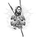 A warrior holding a bow and arrow, camouflaged in a dense jungle tattoo design idea