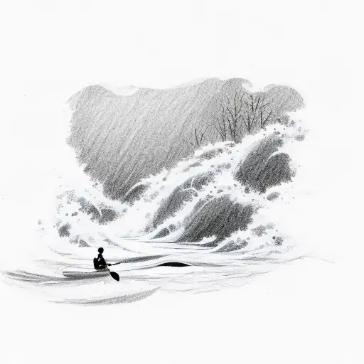 tiny sketch-looking whitewater kayaker surrounded by raging waves tattoo design idea