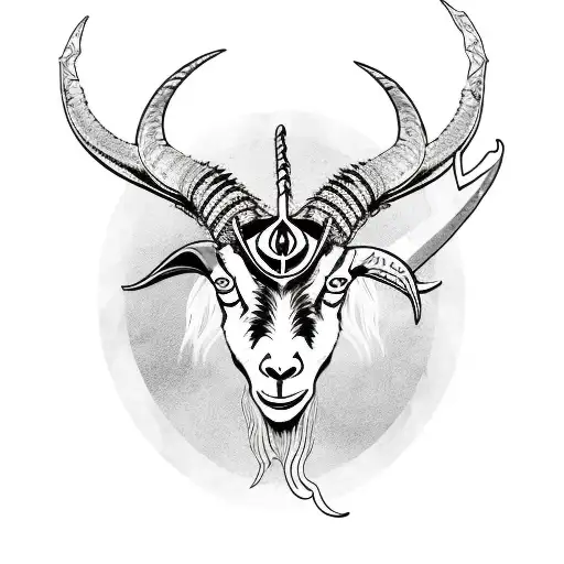 Bathory band goat logo, baphomet, pentagram, cyberpunk tattoo design idea