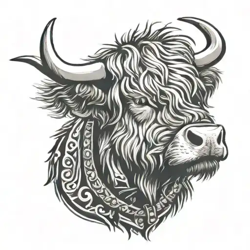 Highland cow with a punk rock spiked collar and leather jacket tattoo design idea