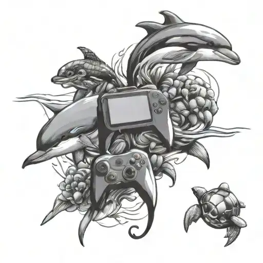 Create a tattoo featuring a mix of aquatic animals like dolphins and turtles with game controllers, blending your passions for the ocean and gaming tattoo design idea