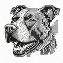 An American Staffordshire Terrier in a pixelated style, surrounded by printed circuit board patterns tattoo design idea