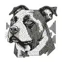 An American Staffordshire Terrier in a pixelated style, surrounded by printed circuit board patterns tattoo design idea