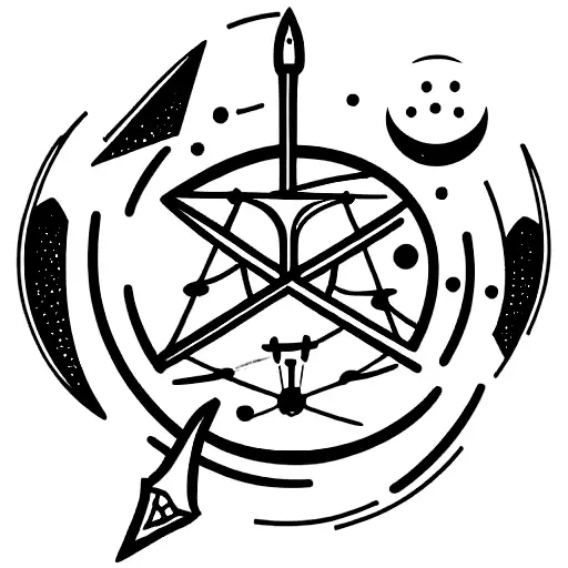 sword with the moon phases and RPG dice tattoo design idea