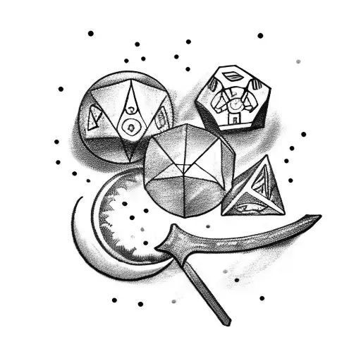 A sword with the moon phases and role dice tattoo design idea