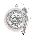 sword with the moon phases and RPG dice tattoo design idea