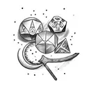 A sword with the moon phases and role dice tattoo design idea