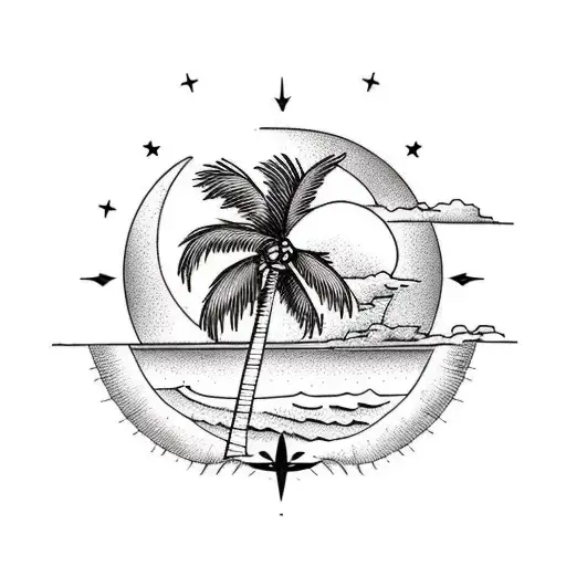 beach, palm trees, sun, moon,compass tattoo design idea