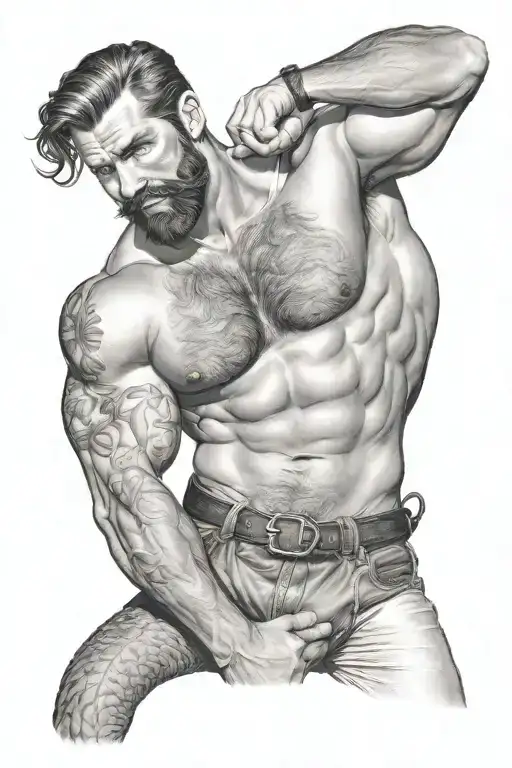 gay, hairy, muscle, male pinup, beard, big bulge, tom of finland style, nautical merman style tattoo design idea