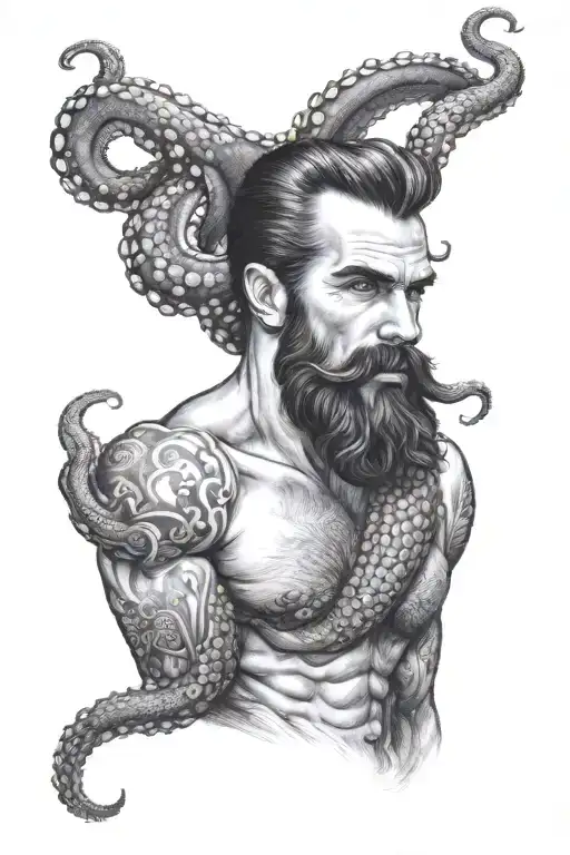 gay, hairy, muscle, male pinup, beard, big bulge, tom of finland style, octopus, merman style tattoo design idea
