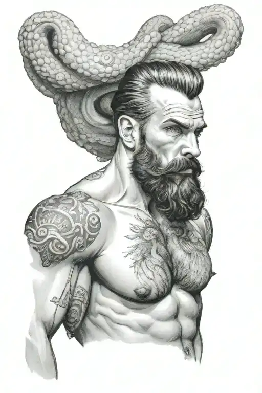 gay, hairy, muscle, male pinup, beard, big bulge, tom of finland style, octopus, merman style tattoo design idea