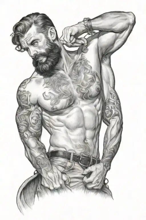 gay, hairy, muscle, male pinup, beard, big bulge, tom of finland style, nautical merman style tattoo design idea