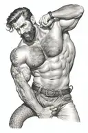 gay, hairy, muscle, male pinup, beard, big bulge, tom of finland style, nautical merman style tattoo design idea
