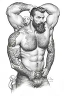 gay, hairy, muscle, male pinup, beard, big bulge, tom of finland style, nautical merman style tattoo design idea