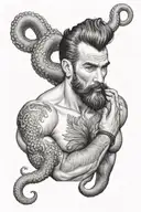 gay, hairy, muscle, male pinup, beard, big bulge, tom of finland style, octopus, merman style tattoo design idea