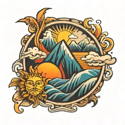 sun with rays and waves beneath mountains It tattoo design idea