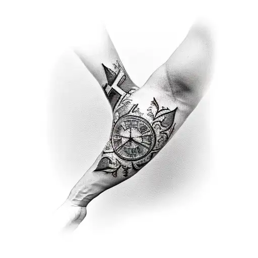 a tattoo in the forearm. It is a mitic god with a clock 11.11.m Also like greece decorations with dollars. tattoo design idea