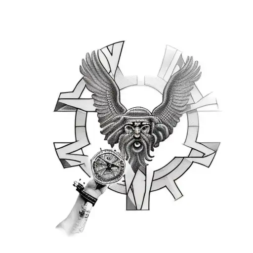 a tattoo in the forearm. It is a mitic god with a clock 11.11.m Also like greece decorations with dollars. tattoo design idea