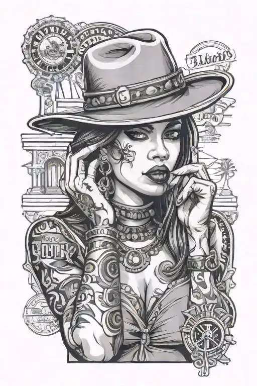 a woman style Chicano style shushing with her finger alongside street signs and wild west   tattoo design idea