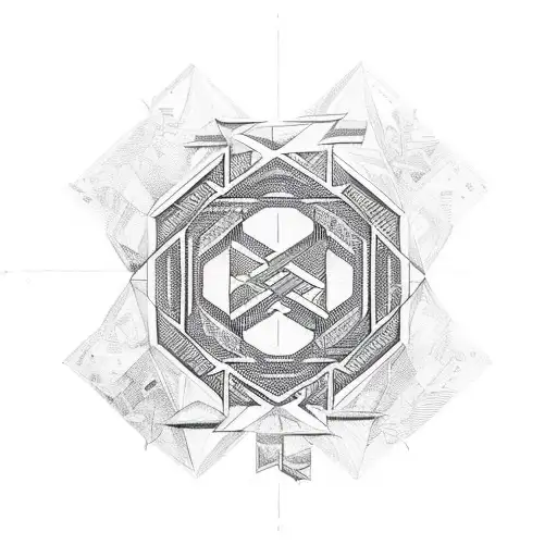 An intricate geometric pattern incorporating symbols from Twenty One Pilots lyrics tattoo design idea