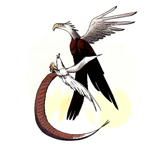 long dragon and eagle feather in background tattoo design idea