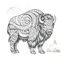 A tribal-inspired design featuring a bison, mountains, and bear elements tattoo design idea