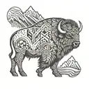 A tribal-inspired design featuring a bison, mountains, and bear elements tattoo design idea