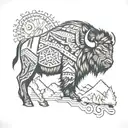 A tribal-inspired design featuring a bison, mountains, and bear elements tattoo design idea